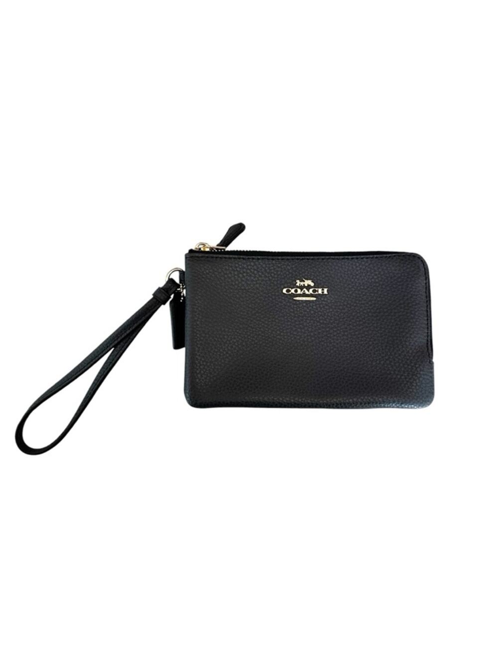 Coach Double Corner Zip Wristlet Pebbled Leather Midnight Navy NEW